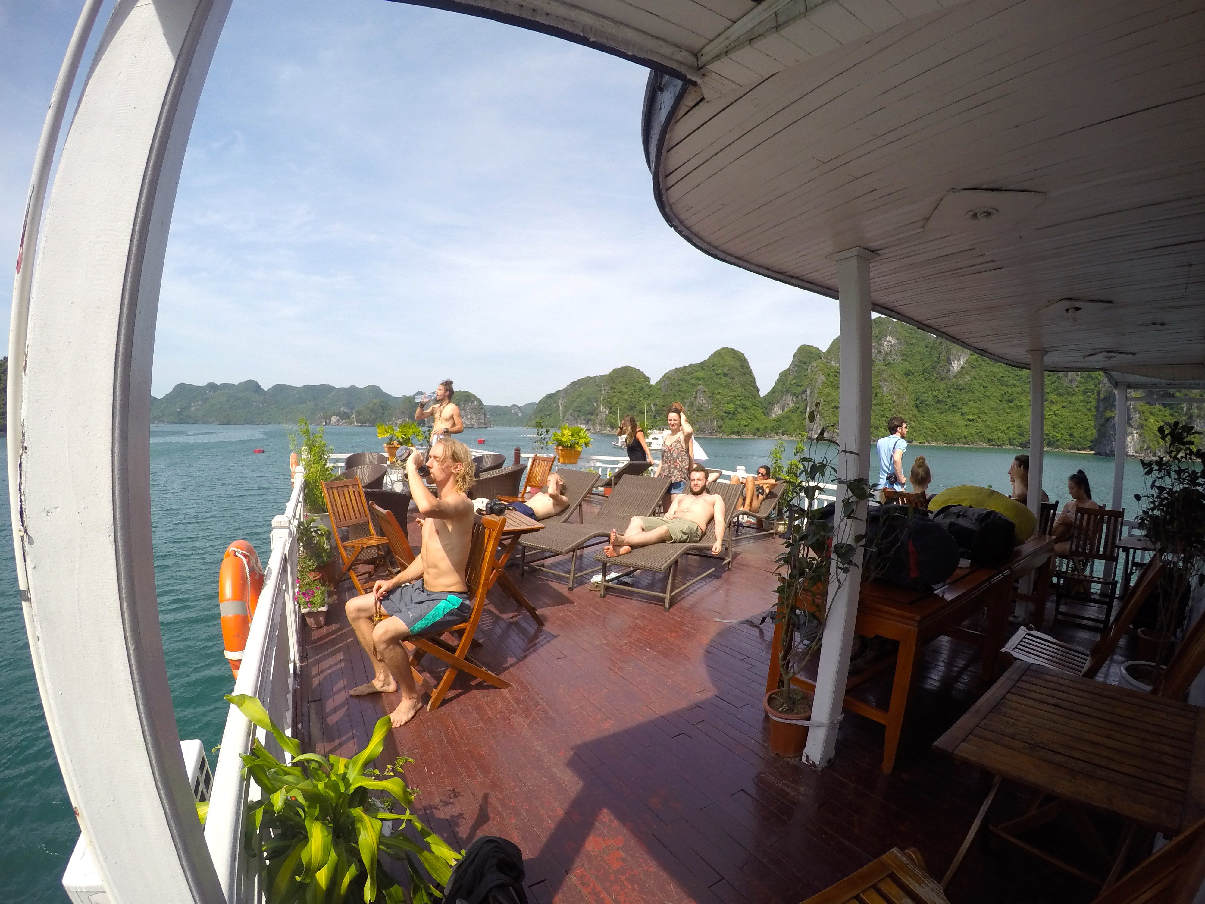 Enjoying the sun on the top deck.