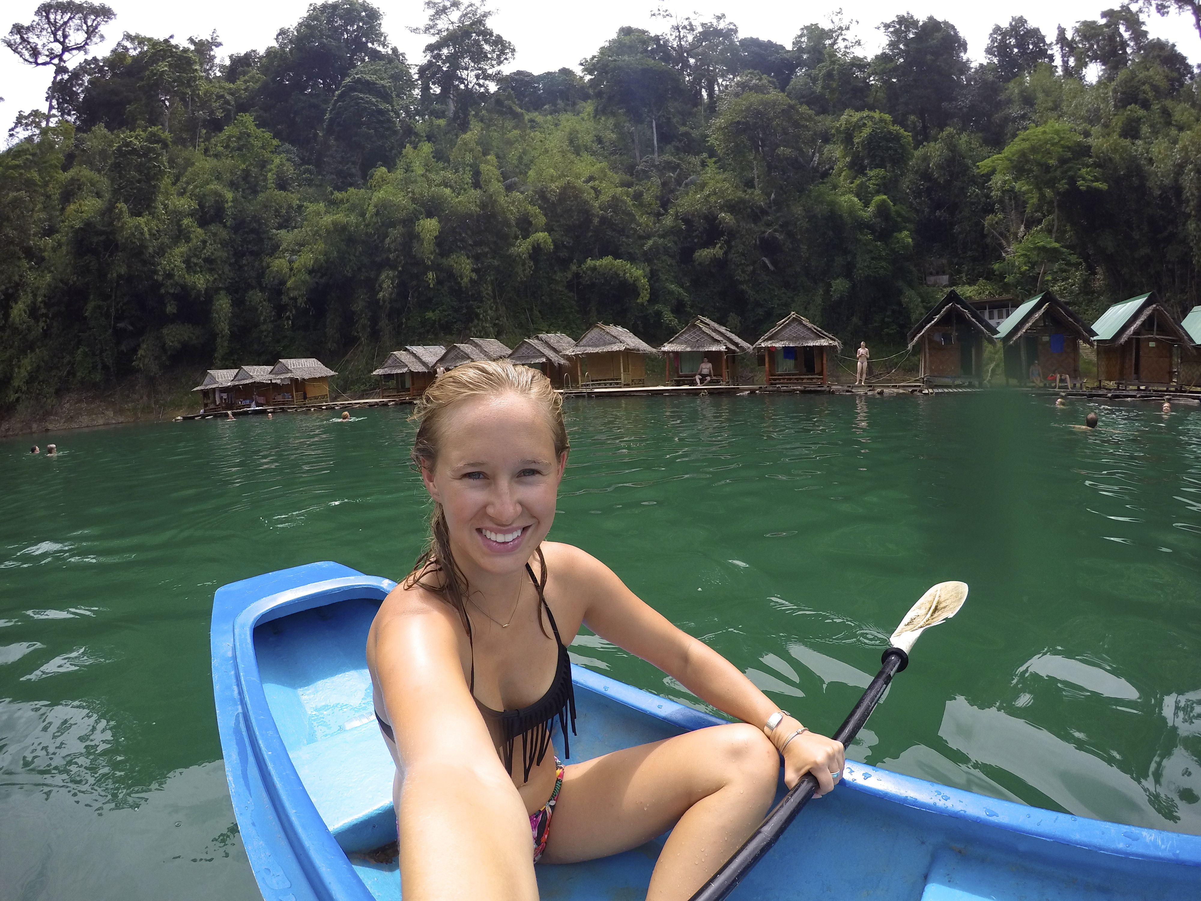 Afternoon kayak on the gorgeous lake, with the floating bungalows behind me!