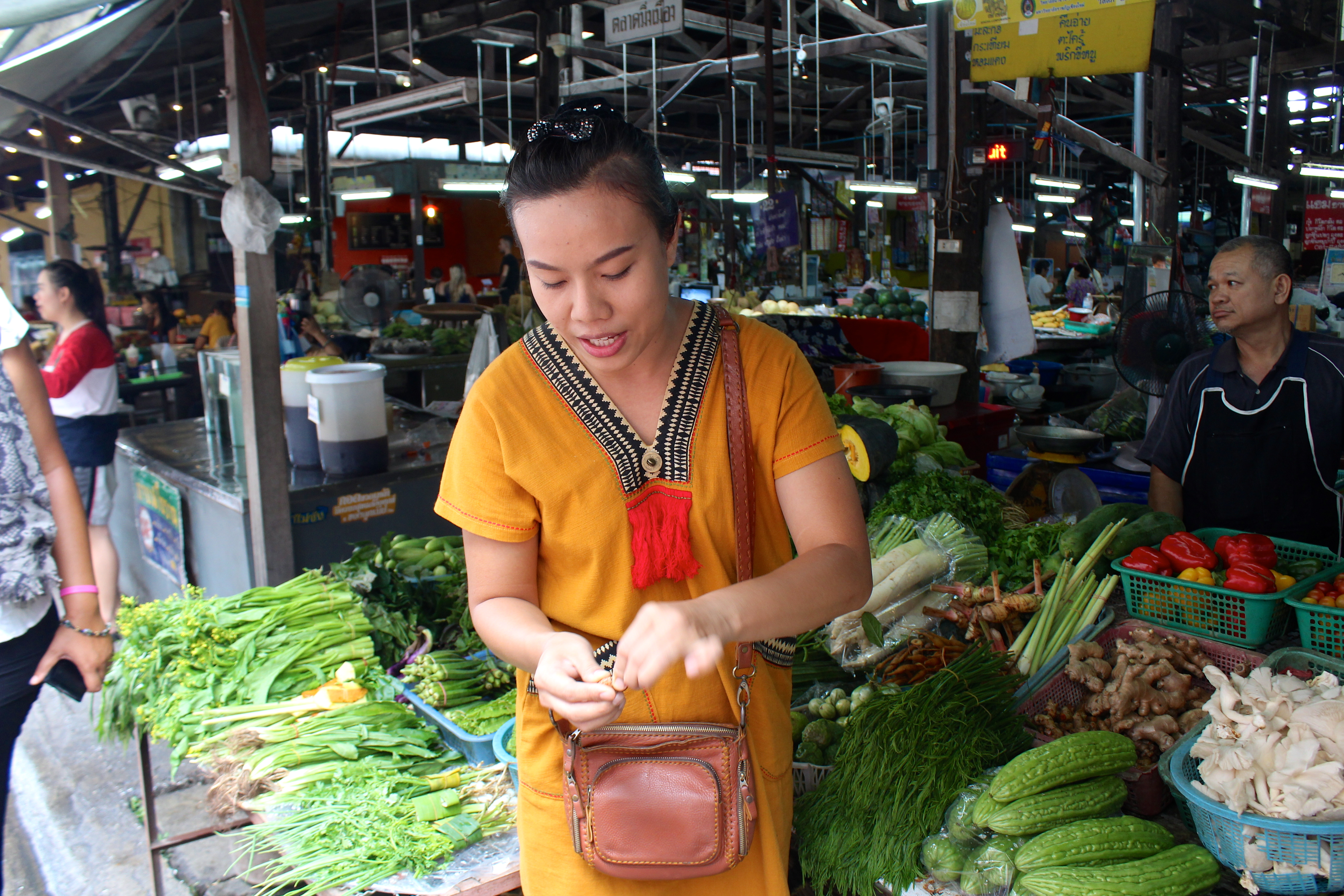 Ann teaching us about the fresh ingredients for our upcoming cooking lesson at a local market.