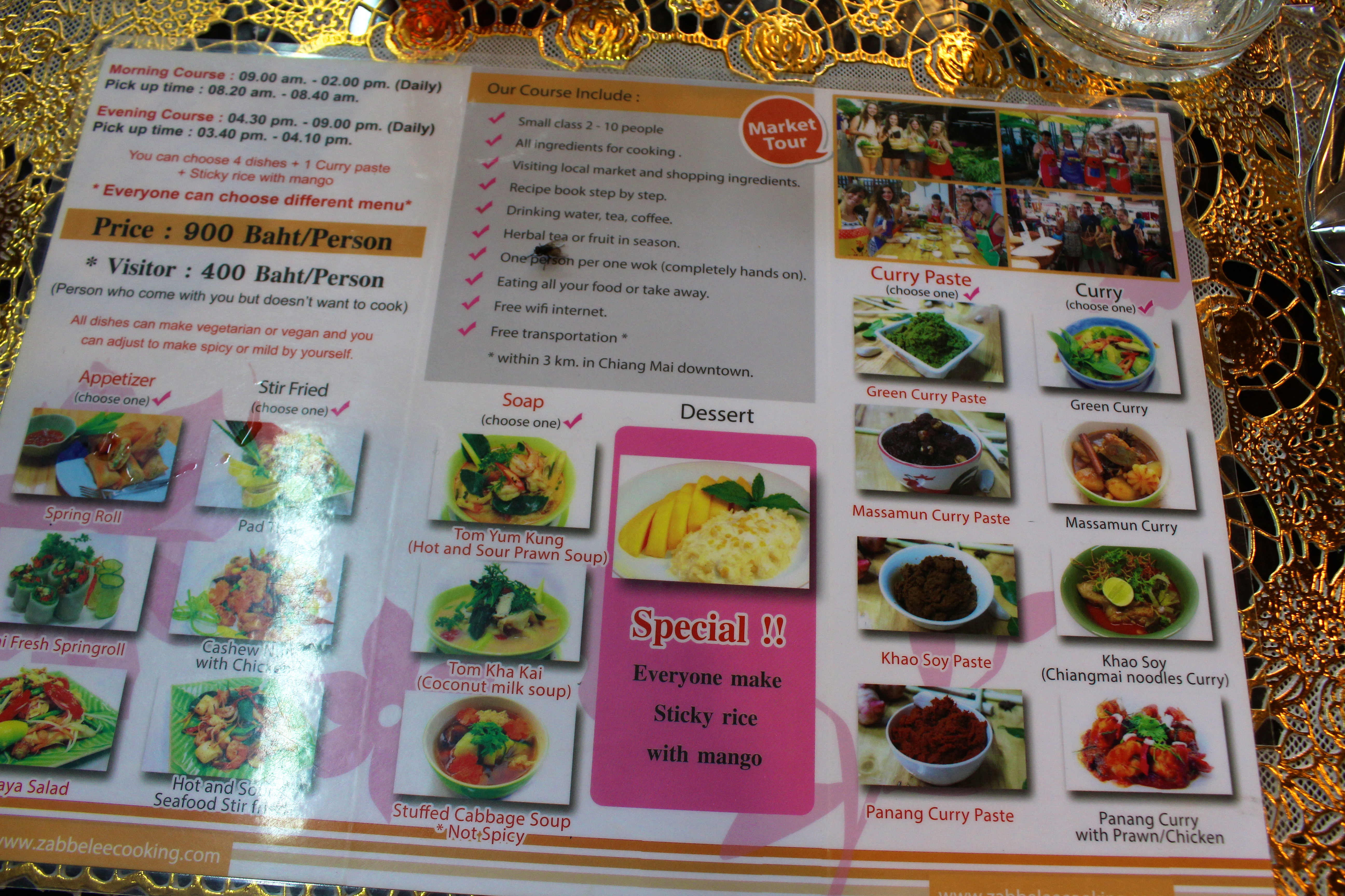 Zabb E Lee Cooking School provides a menu where you can choose which dishes you would like to make.