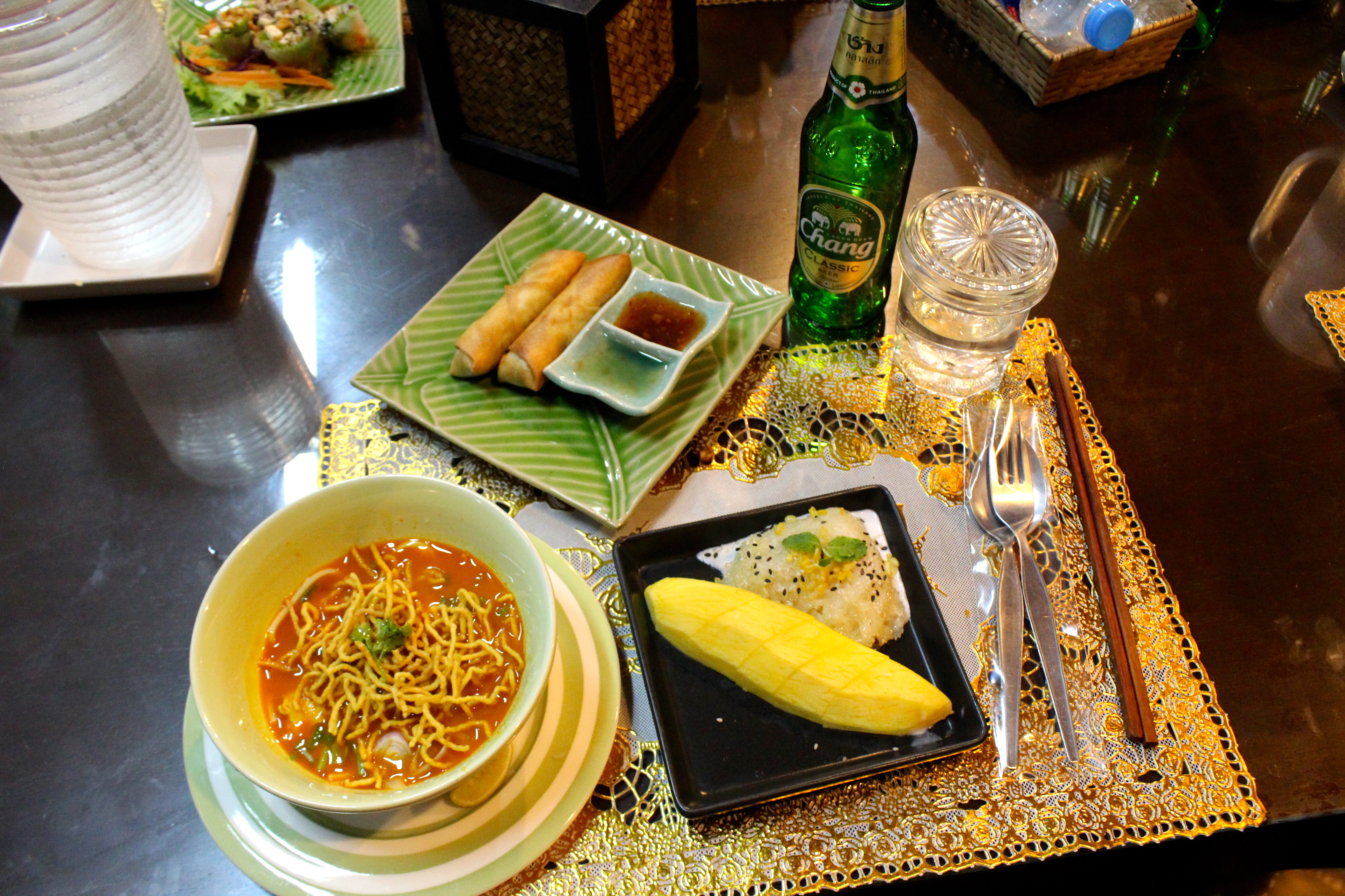 Spring Rolls, Khao Soi, and Mango Sticky Rice made by yours truly at Zabb E Lee Cooking School.