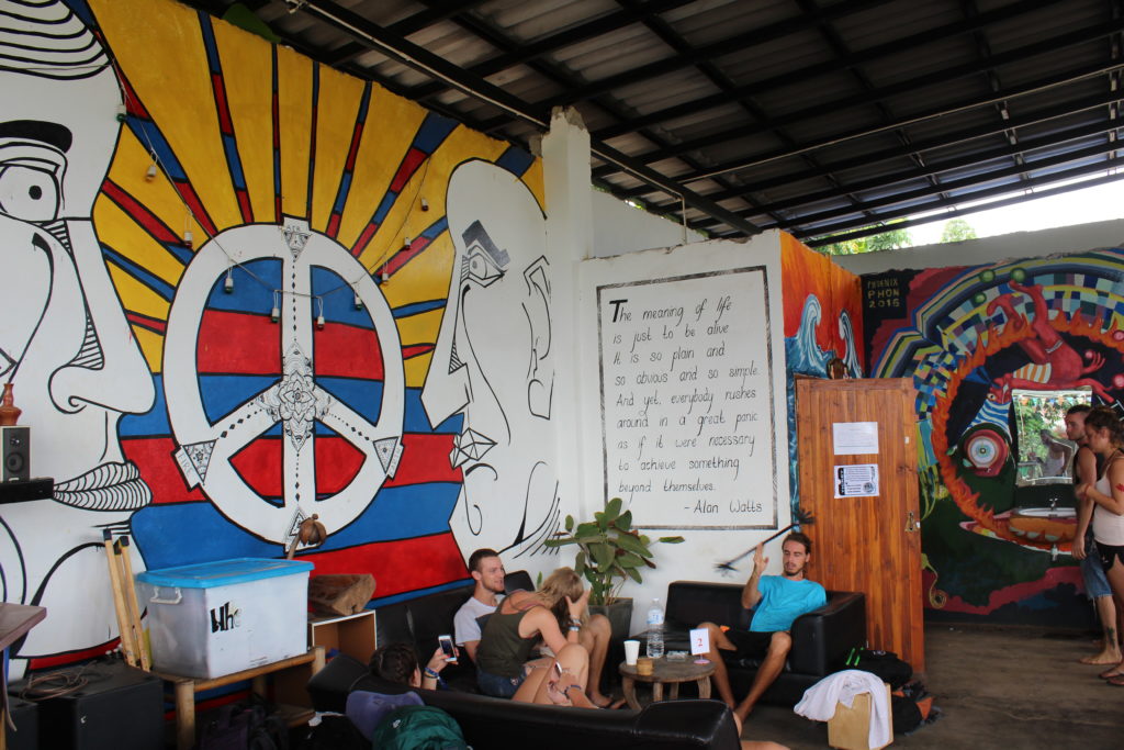 Circus students and wall art at Pai Circus Hostel