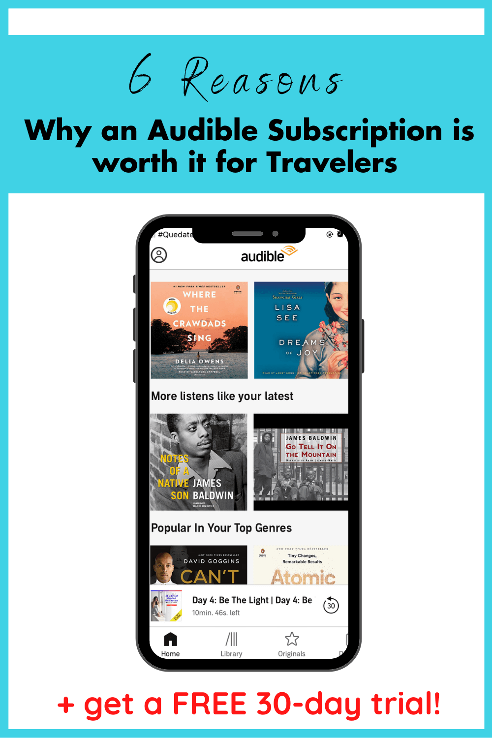 Audible FREE 30-day trial, 5 Reasons Why an Audible Subscription is worth it for Travelers, FREE audible subscription