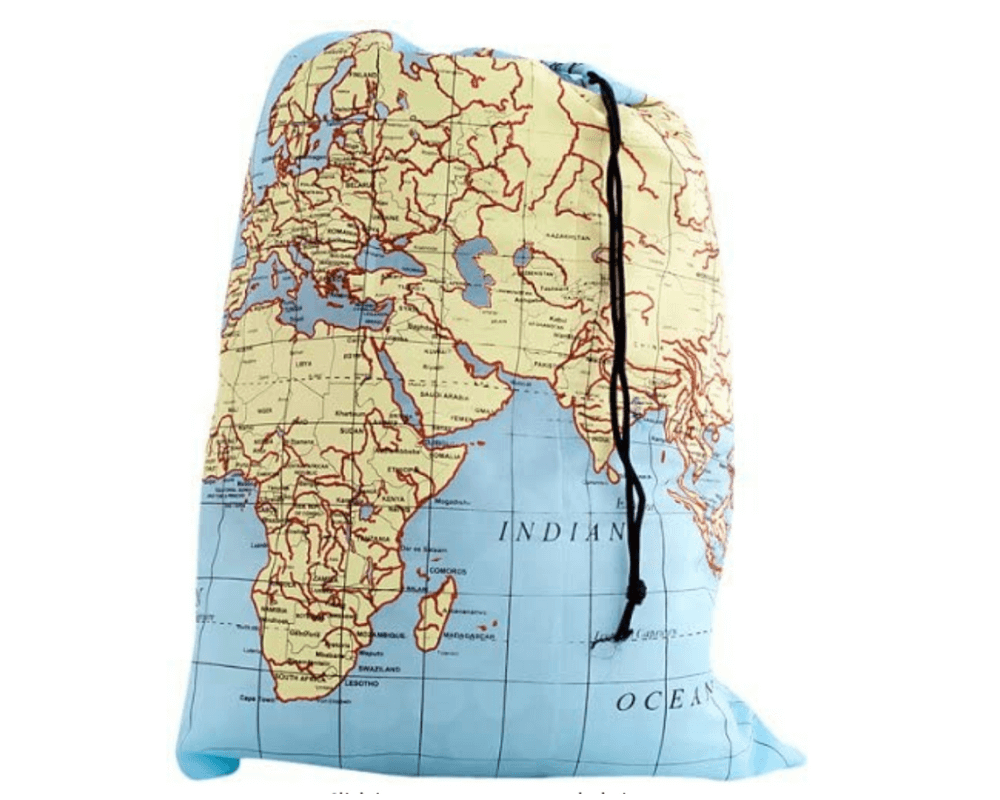stocking stuffers for female travelers under $20, best travel gear 2020, wanderluluu, travel themed laundry bag, travel laundry bag world map