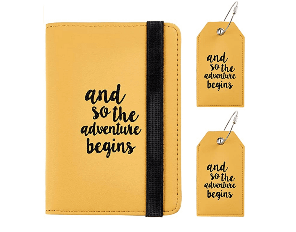 stocking stuffers for female travelers under $20 , 2020 female traveler gifts, travel themed luggage tags and matching passport cover