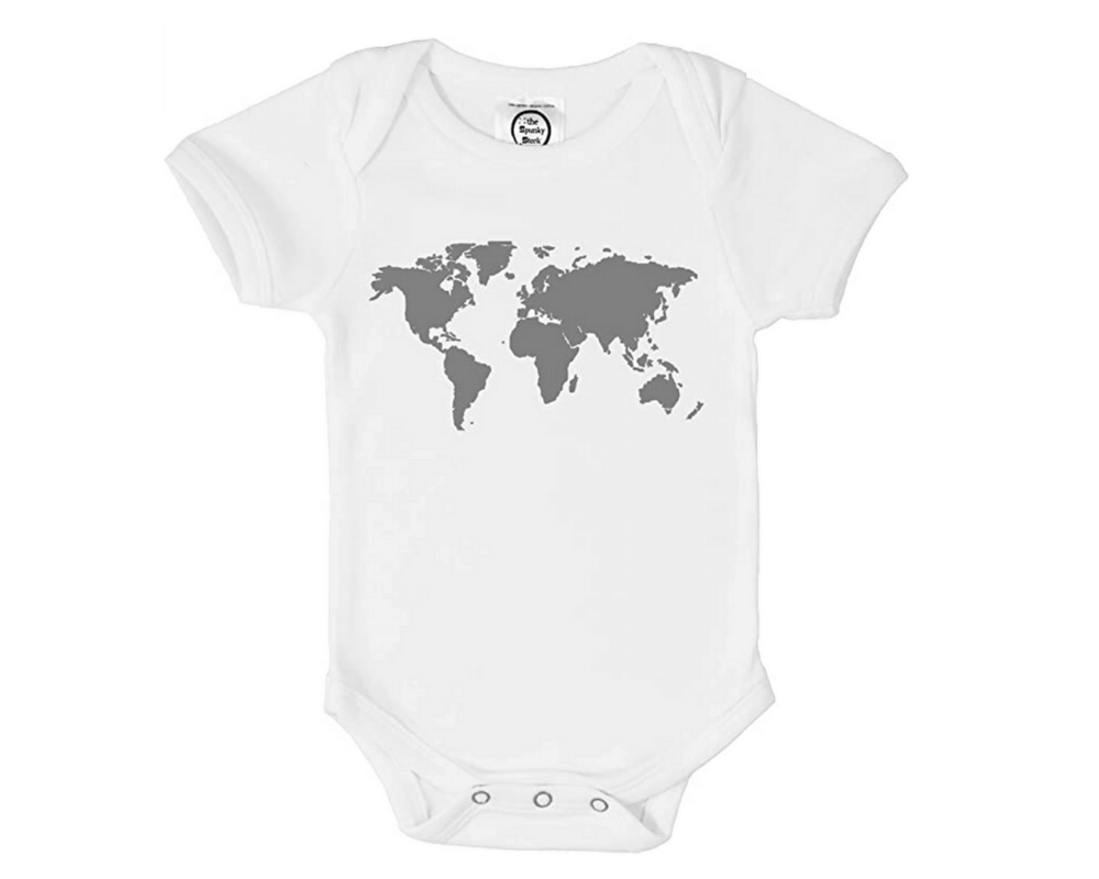 Travel Inspired Baby Gifts Perfect for Baby Showers, wanderluluu, travel gifts for kids, worldmap onesie