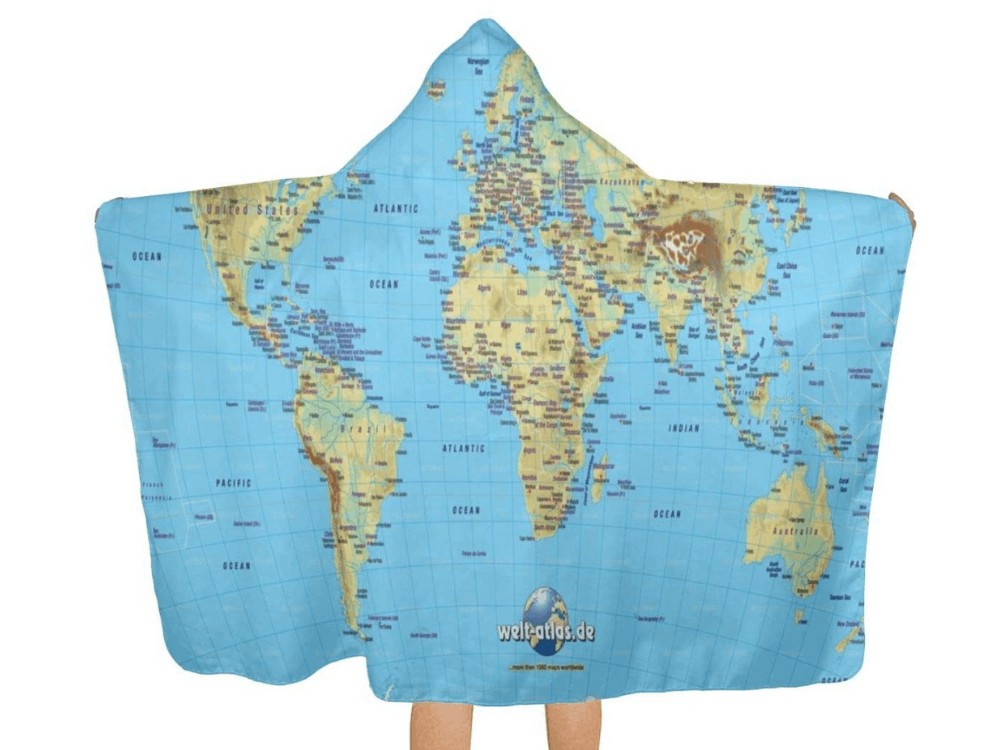 kids world map hooded towel, travel themed gifts for kids