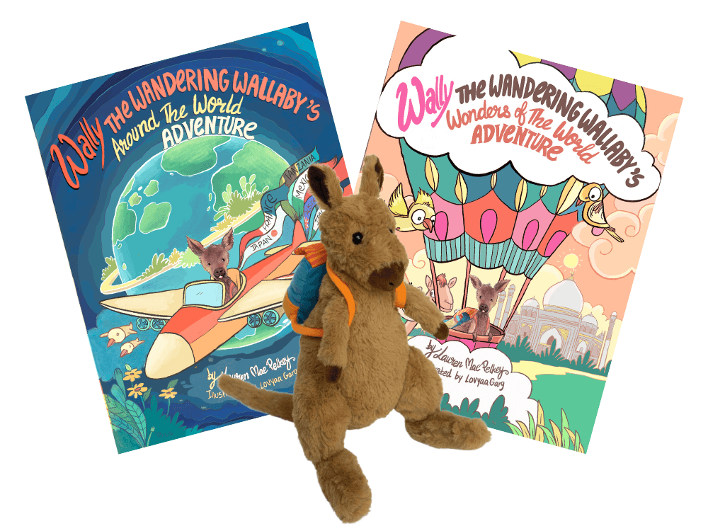 Wally The Wandering Wallaby, stuffed animal, kids picture book, travel themed gifts for kids and toddlers